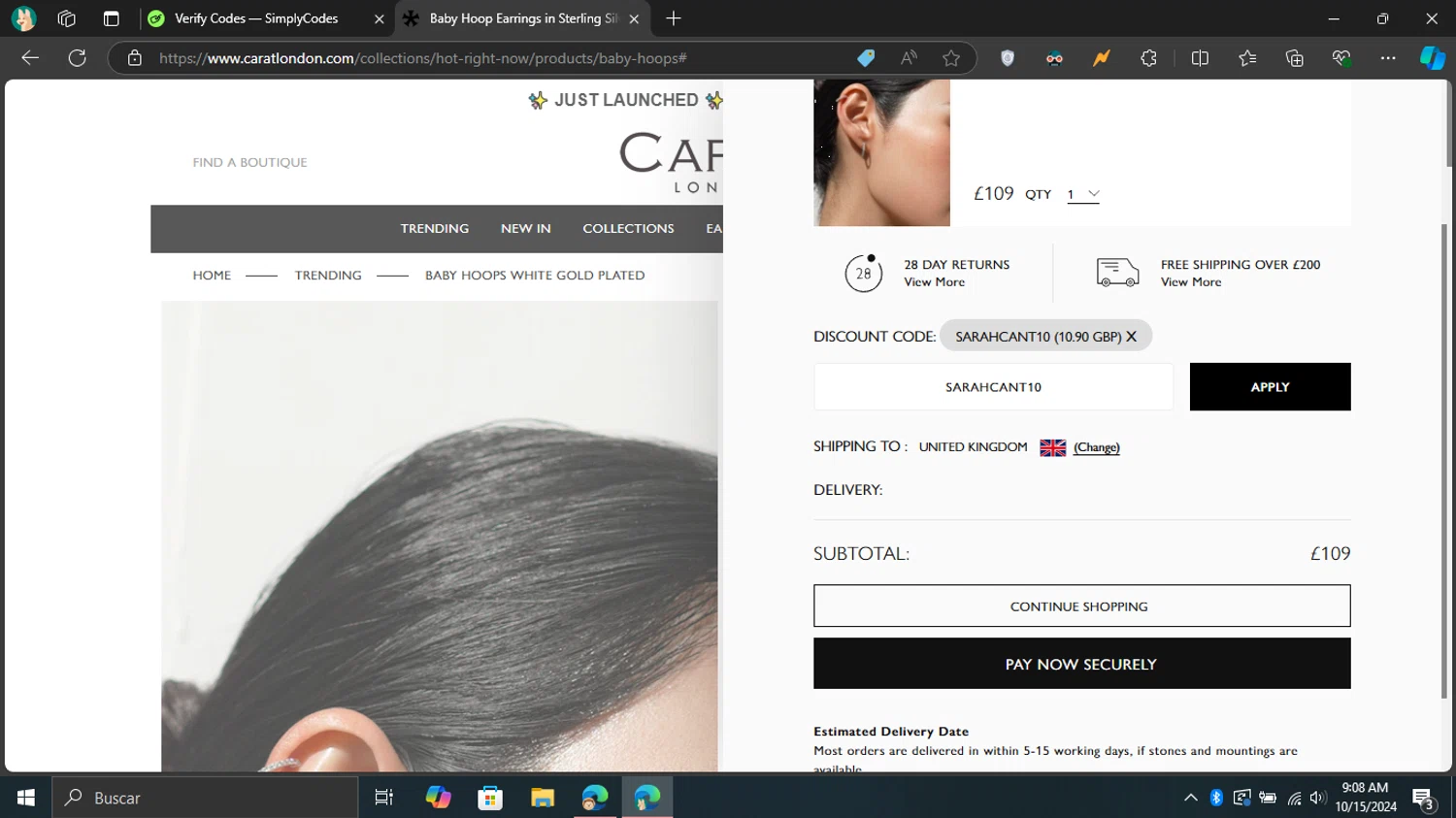 Carat London checkout page showing Carat London promo code box | Screenshot taken by SimplyCodes community member on Oct 15, 2024