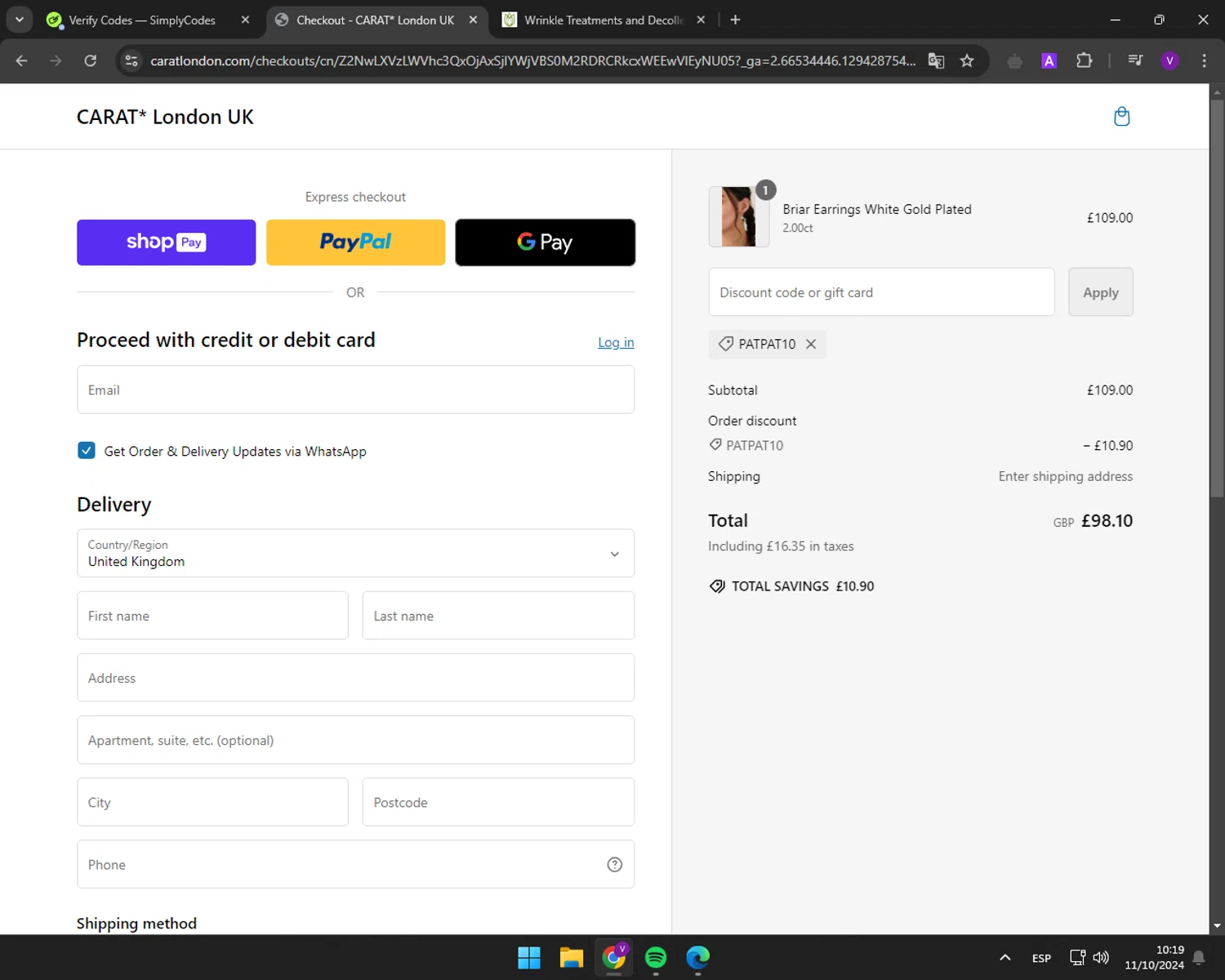 Carat London checkout page showing Carat London promo code box | Screenshot taken by SimplyCodes community member on Oct 11, 2024