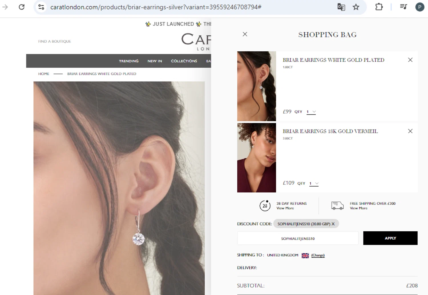 Carat London checkout page showing Carat London promo code box | Screenshot taken by SimplyCodes community member on Oct 11, 2024