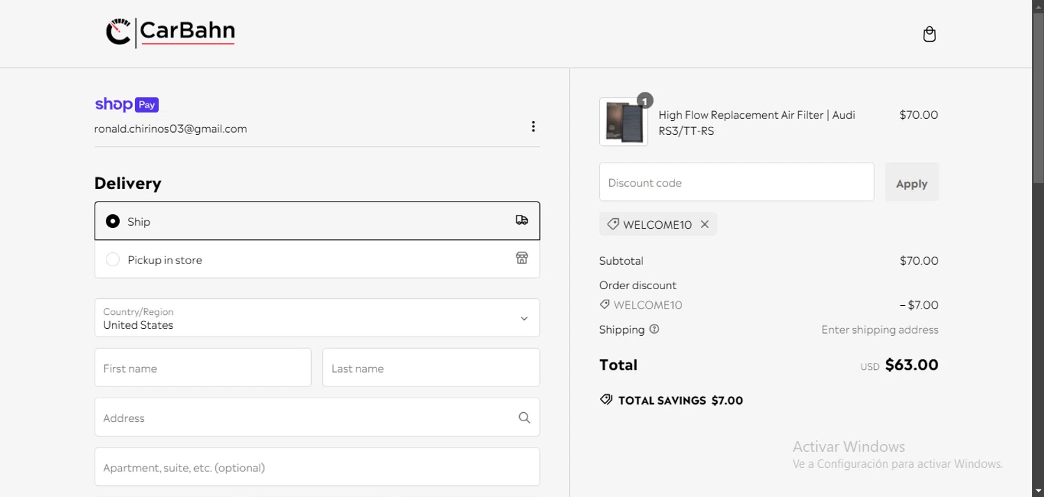 CarBahn promo code screenshot showing code WELCOME10 applied at CarBahn checkout page. Uploaded by SimplyCodes community member Egni_149037891 on Jan 26, 2025