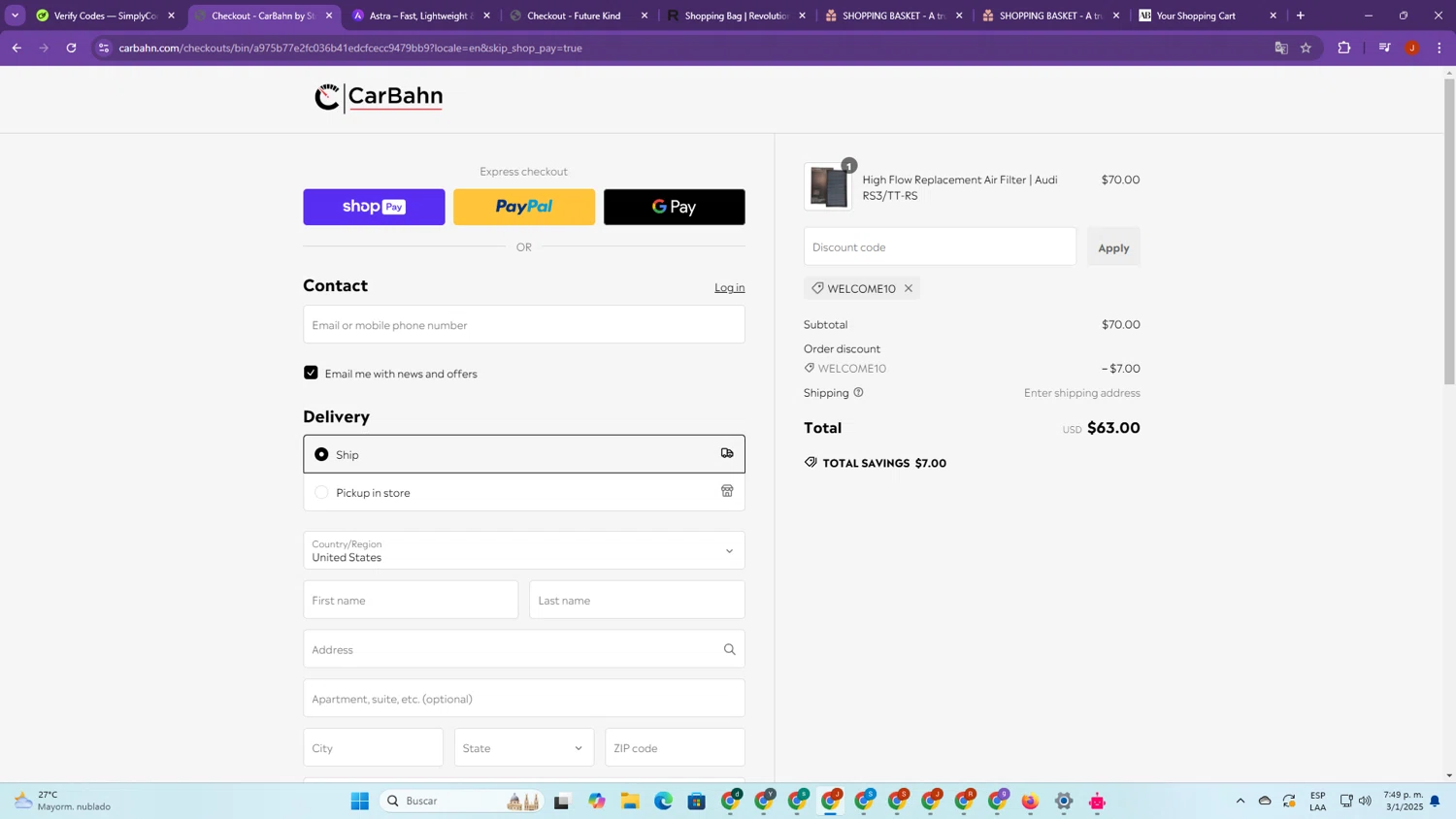 CarBahn promo code screenshot showing code WELCOME10 applied at CarBahn checkout page. Uploaded by SimplyCodes community member SalvadorC on Jan 3, 2025