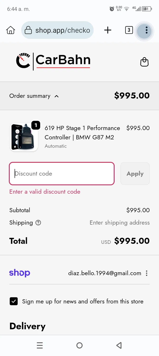 CarBahn promo code screenshot showing code speed20 applied at CarBahn checkout page. Uploaded by SimplyCodes community member Anthony_Diaz on Dec 8, 2025