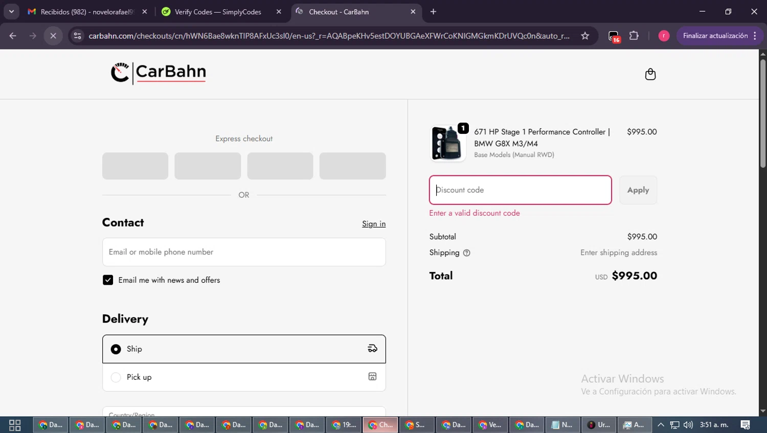 CarBahn promo code screenshot showing code speed20 applied at CarBahn checkout page. Uploaded by SimplyCodes community member WisePro3739 on Dec 8, 2025