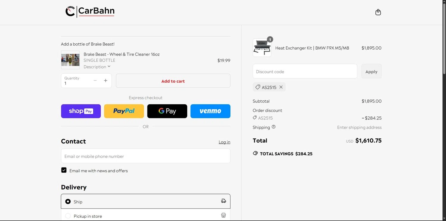 CarBahn promo code screenshot showing code AS2515 applied at CarBahn checkout page. Uploaded by SimplyCodes community member Depressive on Jun 23, 2025