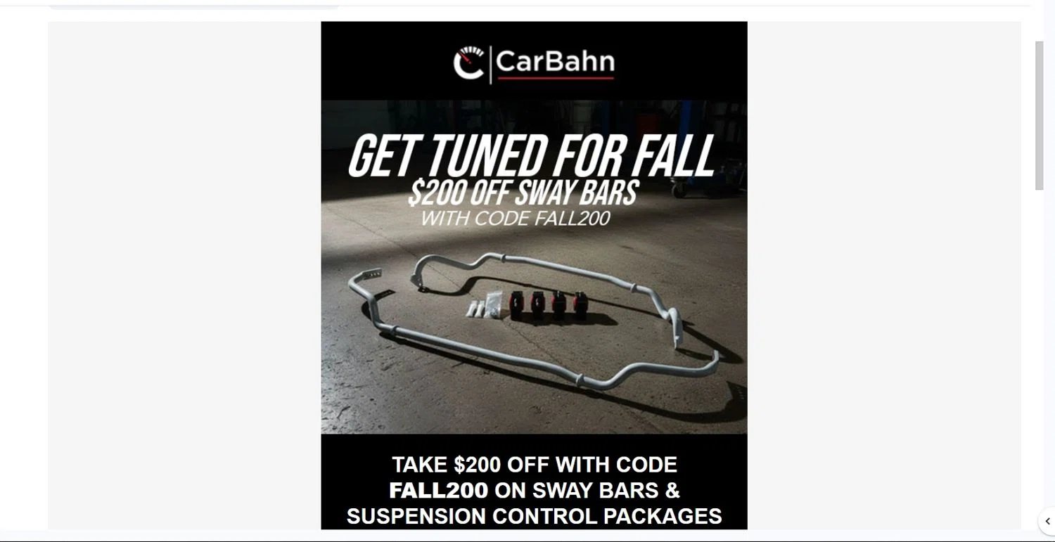 CarBahn promo code screenshot showing code FALL200 applied at CarBahn checkout page. Uploaded by SimplyCodes community member Depressive on Nov 6, 2025