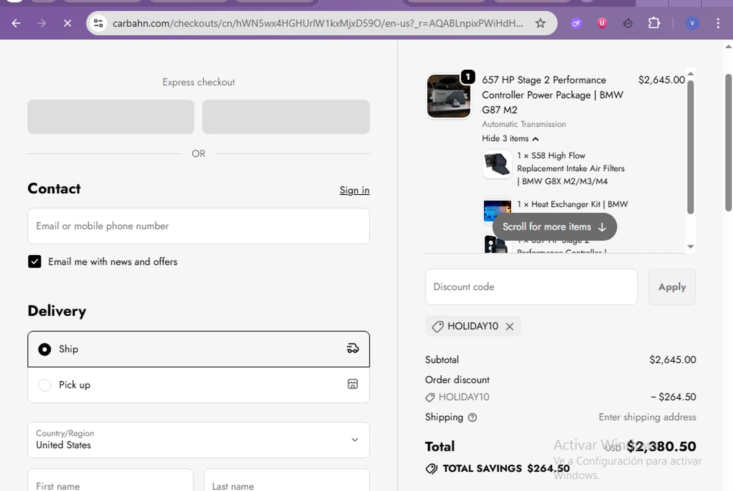 CarBahn promo code screenshot showing code HOLIDAY10 applied at CarBahn checkout page. Uploaded by SimplyCodes community member beatrizcastillo on Dec 4, 2025