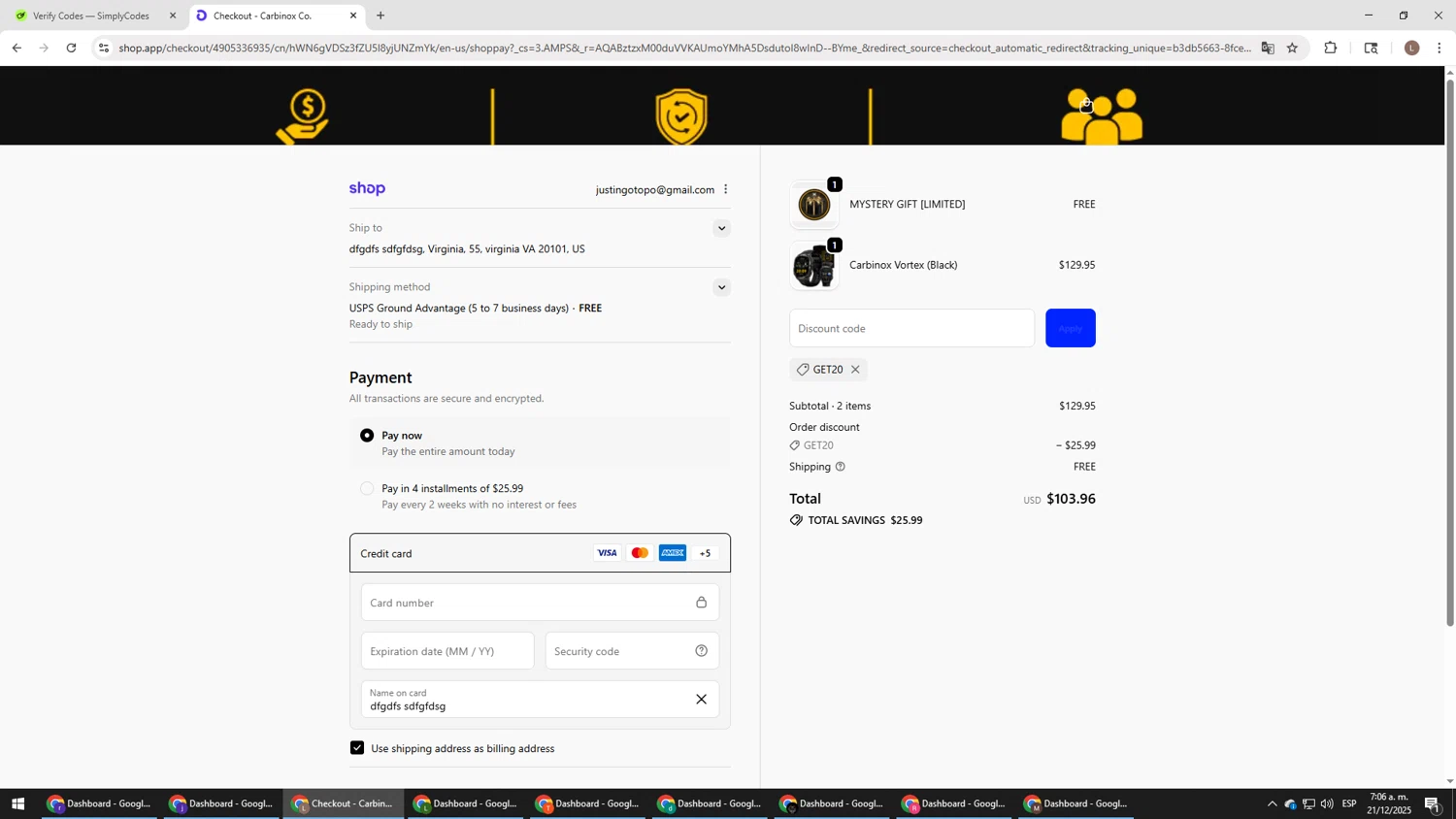 Carbinox discount code screenshot showing code GET20 applied at Carbinox checkout page. Uploaded by SimplyCodes community member BENELLI on Dec 21, 2025