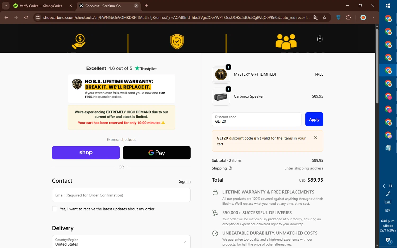 Carbinox discount code screenshot showing code GET20 applied at Carbinox checkout page. Uploaded by SimplyCodes community member DealElite4728 on Nov 22, 2025