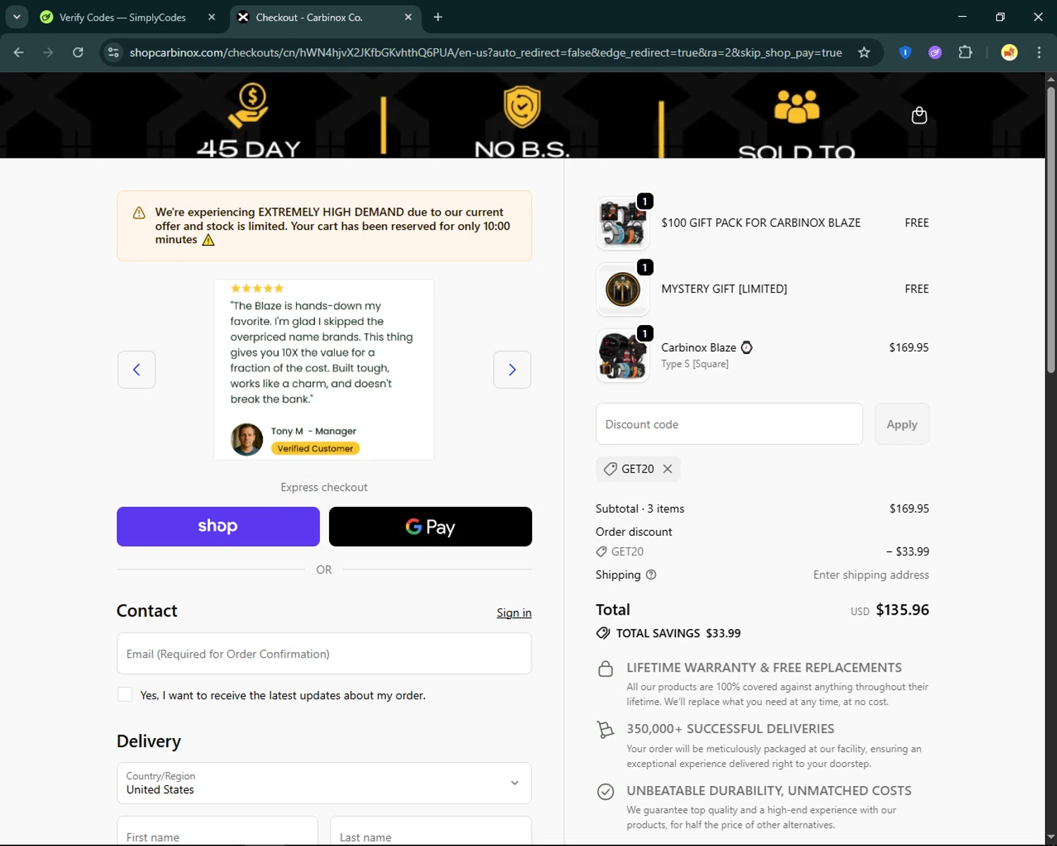 Carbinox discount code screenshot showing code GET20 applied at Carbinox checkout page. Uploaded by SimplyCodes community member SmartFinder4193 on Oct 30, 2025