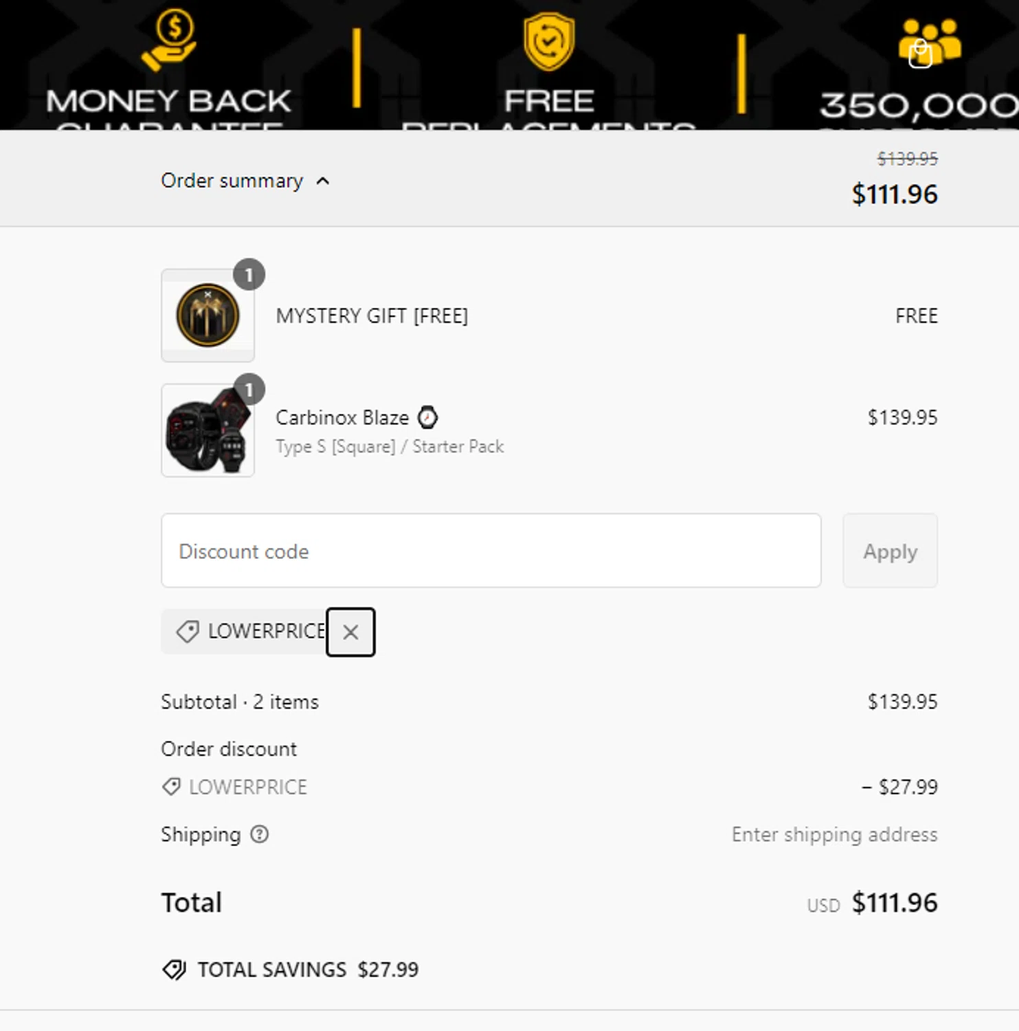 Carbinox discount code screenshot showing code LOWERPRICE applied at Carbinox checkout page. Uploaded by SimplyCodes community member AliceLidell on Feb 21, 2025