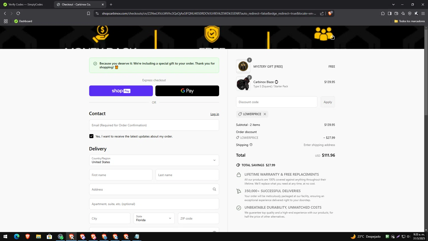 Carbinox discount code screenshot showing code LOWERPRICE applied at Carbinox checkout page. Uploaded by SimplyCodes community member genesisgafaro on Mar 31, 2025