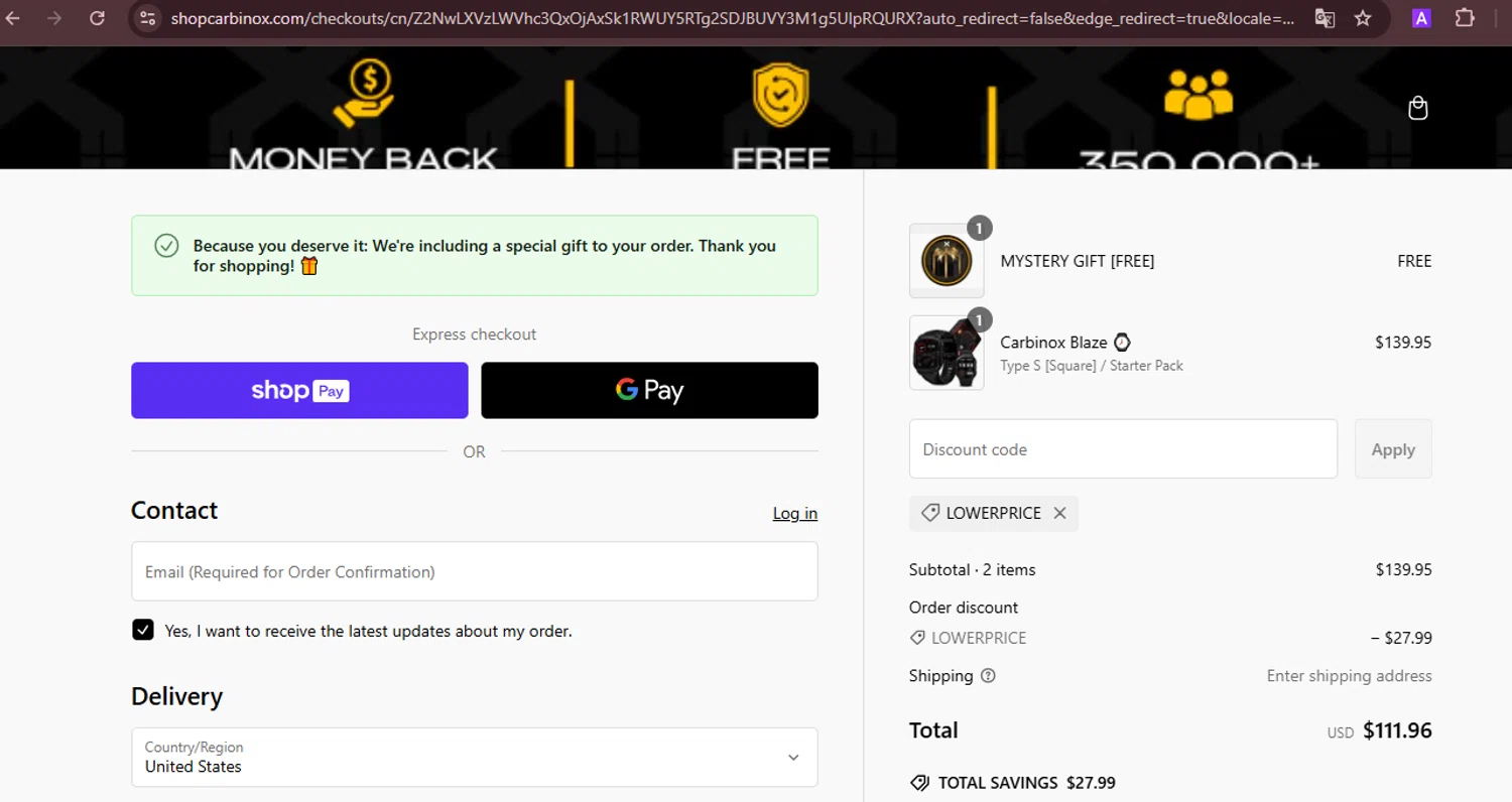 Carbinox discount code screenshot showing code LOWERPRICE applied at Carbinox checkout page. Uploaded by SimplyCodes community member joineds on Feb 22, 2025