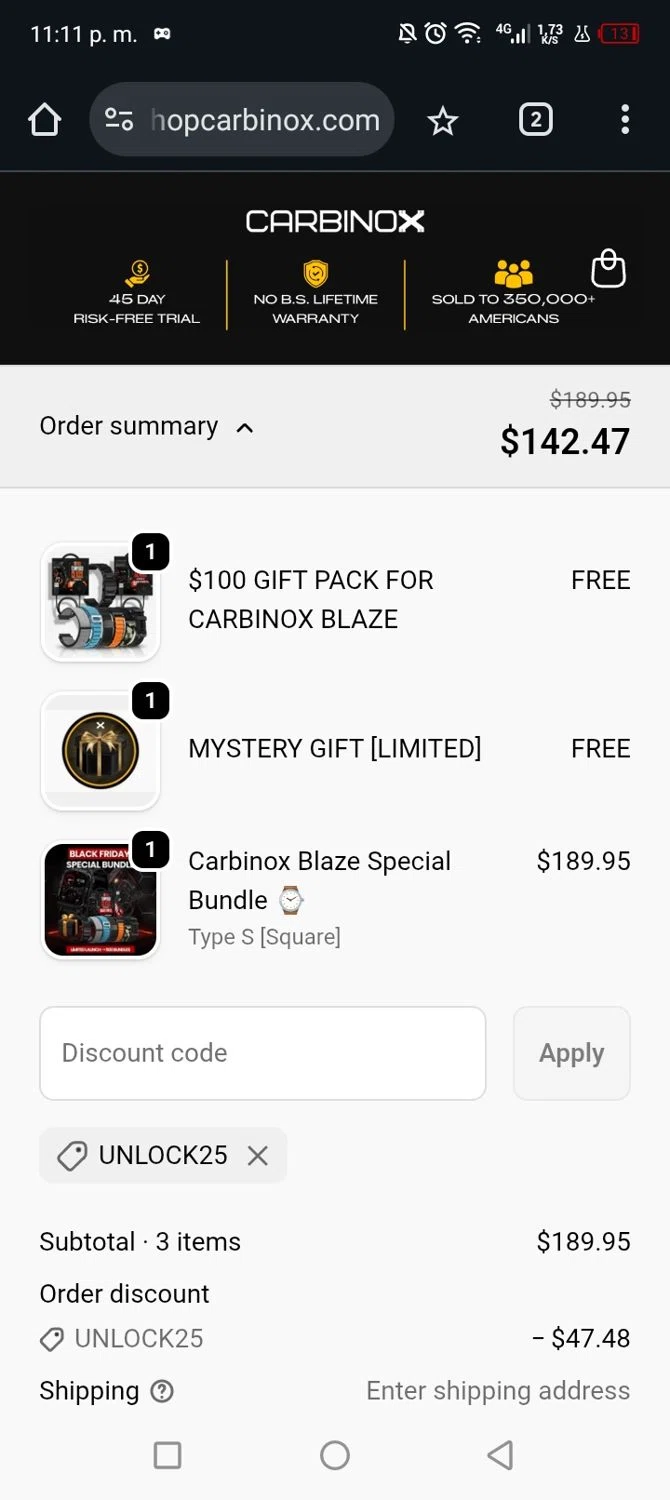 Carbinox discount code screenshot showing code UNLOCK25 applied at Carbinox checkout page. Uploaded by SimplyCodes community member Junniorduno on Nov 23, 2025