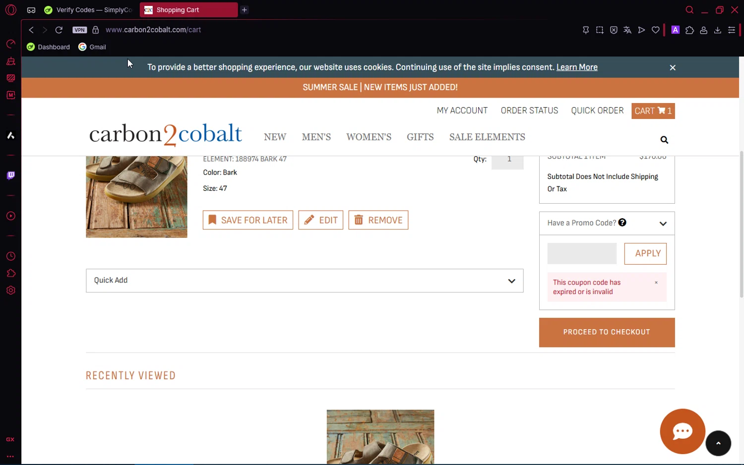 Carbon2Cobalt promo code screenshot showing code SUMMERSAVE20 applied at Carbon2Cobalt checkout page. Uploaded by SimplyCodes community member ShrewdPioneer2612 on Aug 1, 2025