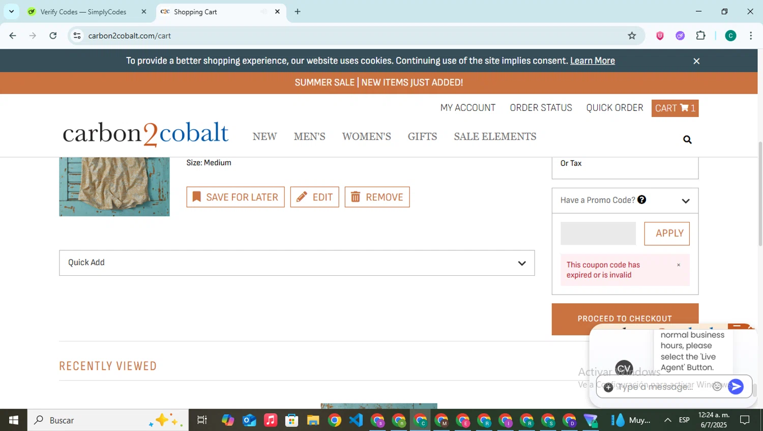 Carbon2Cobalt promo code screenshot showing code SUMMERLOVE30 applied at Carbon2Cobalt checkout page. Uploaded by SimplyCodes community member BonusPilot927 on Jul 6, 2025