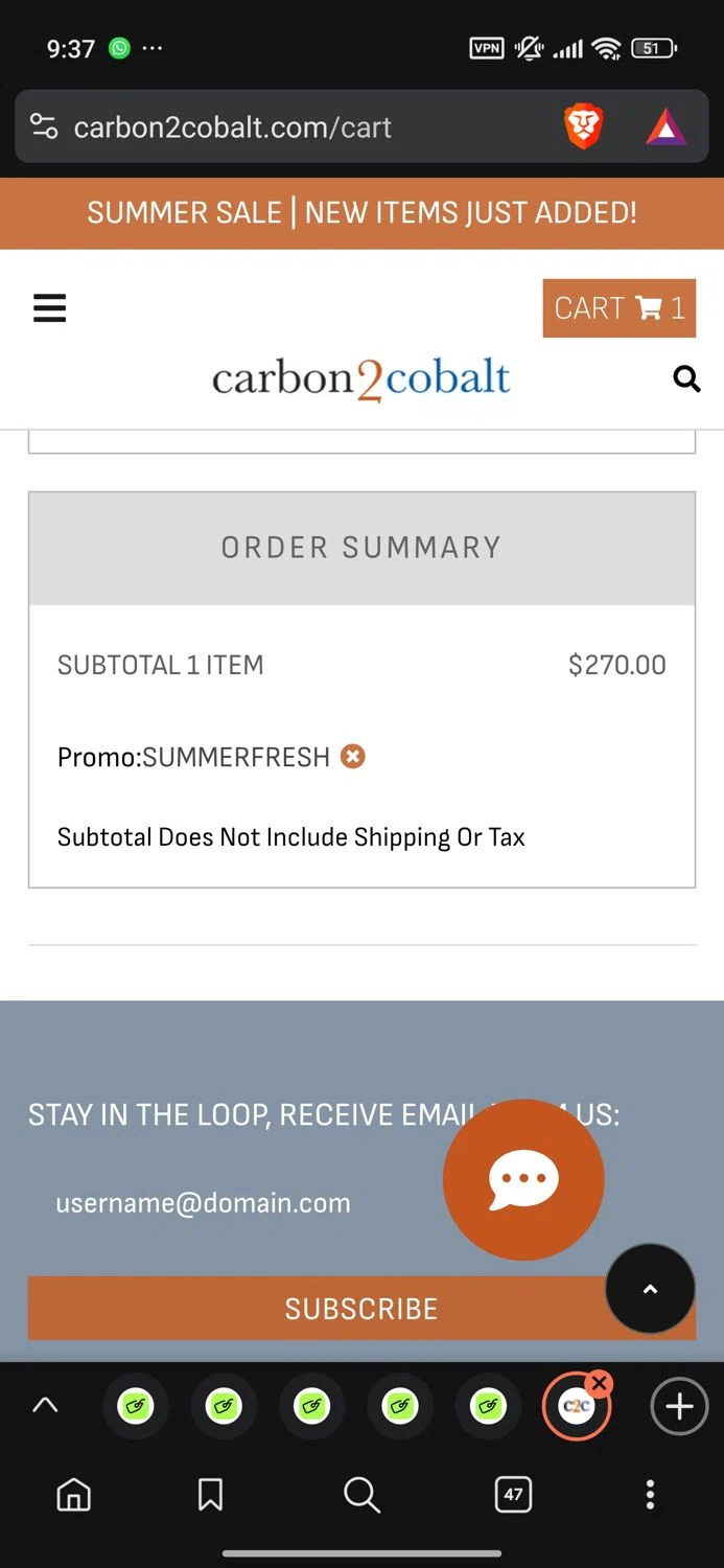 Carbon2Cobalt promo code screenshot showing code SUMMERFRESH applied at Carbon2Cobalt checkout page. Uploaded by SimplyCodes community member Dejadepicharme on Jul 30, 2025