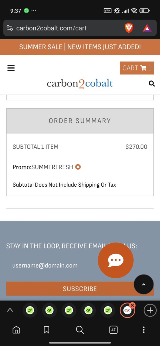 Carbon2Cobalt checkout page showing Carbon2Cobalt promo code box | Screenshot taken by SimplyCodes community member on Jul 30, 2025