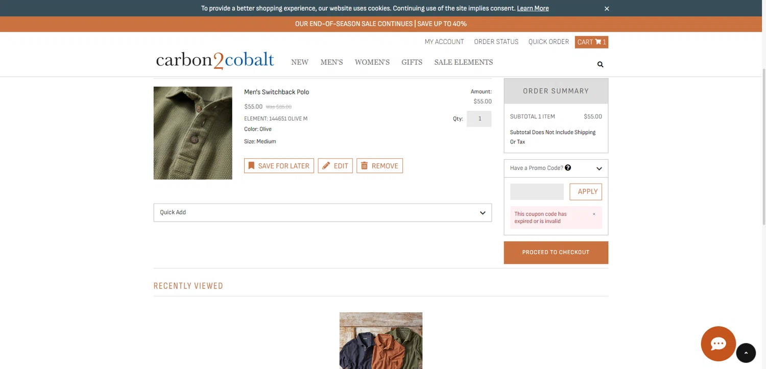 Carbon2Cobalt promo code screenshot showing code C2CSUMMER25 applied at Carbon2Cobalt checkout page. Uploaded by SimplyCodes community member ScanRanger3503 on Aug 2, 2025