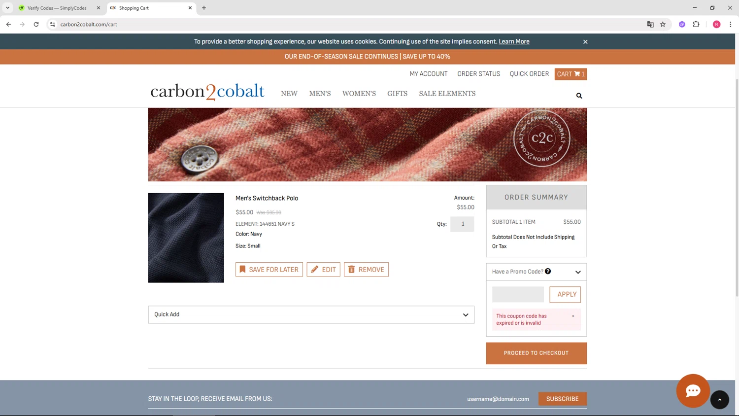 Carbon2Cobalt promo code screenshot showing code C2CSUMMER25 applied at Carbon2Cobalt checkout page. Uploaded by SimplyCodes community member TTTT55 on Aug 2, 2025