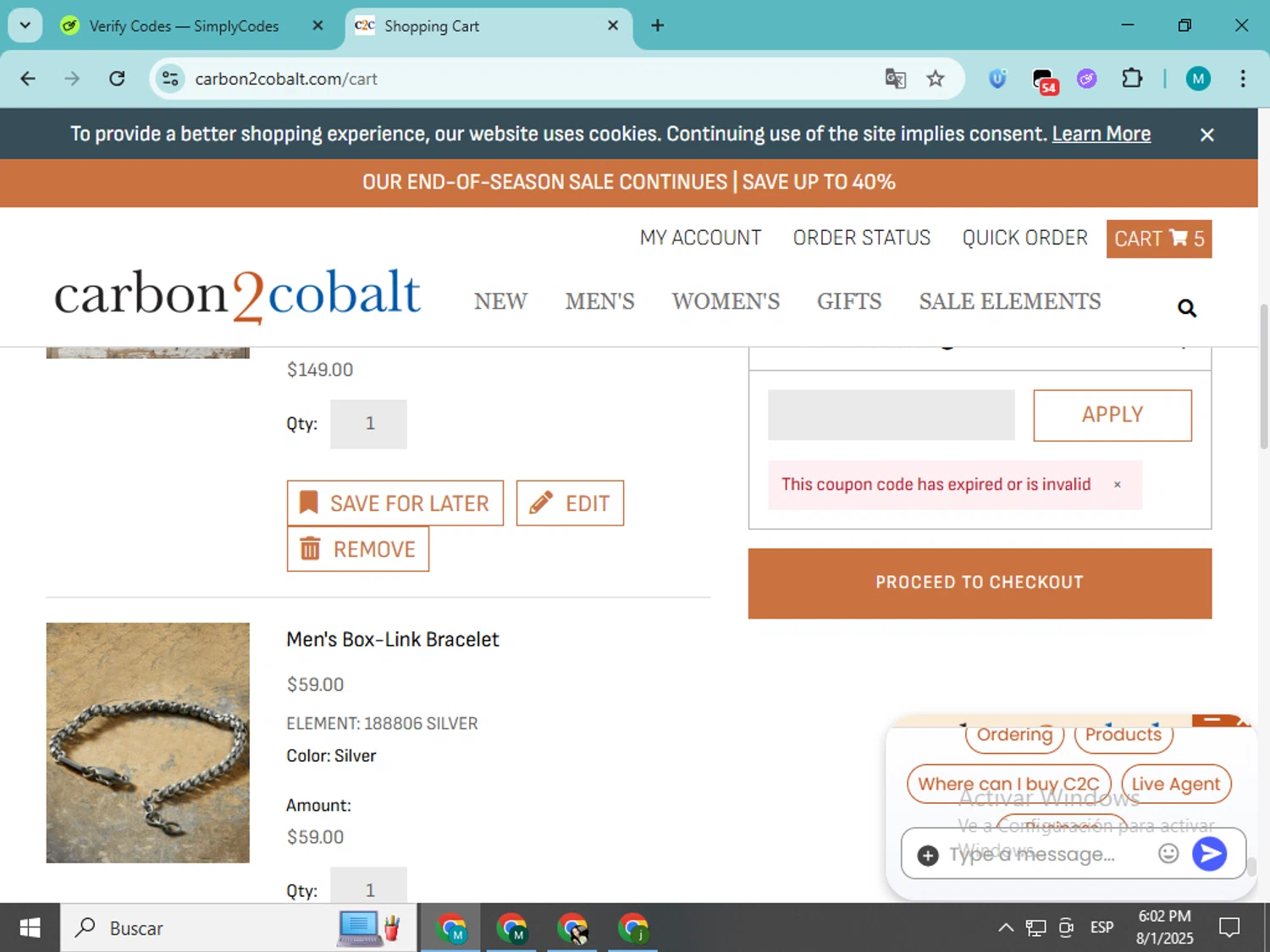 Carbon2Cobalt promo code screenshot showing code C2CSUMMER25 applied at Carbon2Cobalt checkout page. Uploaded by SimplyCodes community member estrellaveloz on Aug 1, 2025