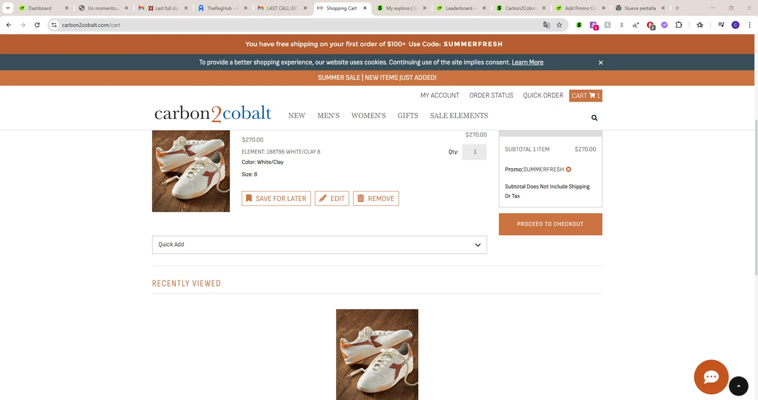 Carbon2Cobalt promo code screenshot showing code SUMMERFRESH applied at Carbon2Cobalt checkout page. Uploaded by SimplyCodes community member LAGUGU on Jul 8, 2025