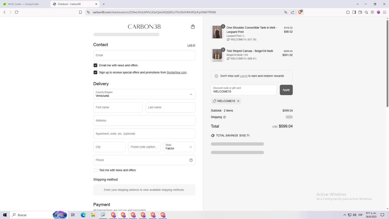 Carbon38 promo code screenshot showing code WELCOME15 applied at Carbon38 checkout page. Uploaded by SimplyCodes community member Dios_Salchicha_Mistica on Jun 26, 2025