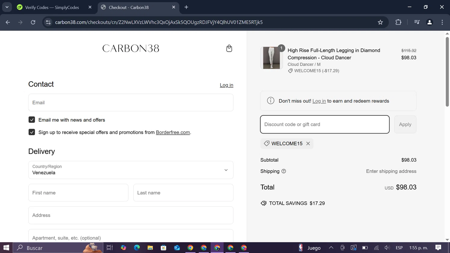 Carbon38 promo code screenshot showing code WELCOME15 applied at Carbon38 checkout page. Uploaded by SimplyCodes community member SmartLegend506 on Mar 6, 2025