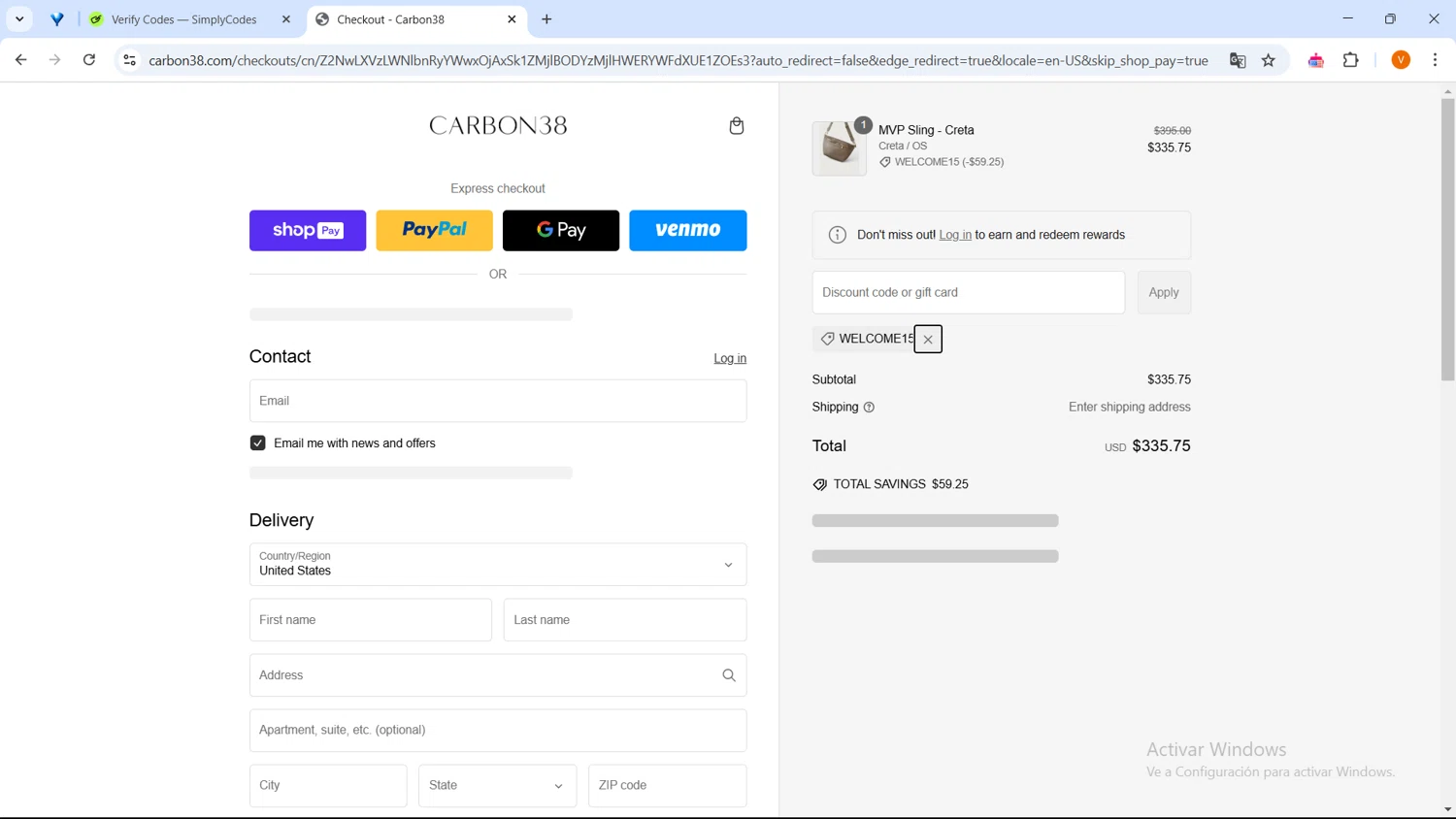 Carbon38 promo code screenshot showing code WELCOME15 applied at Carbon38 checkout page. Uploaded by SimplyCodes community member GoldFox1696 on Feb 25, 2025