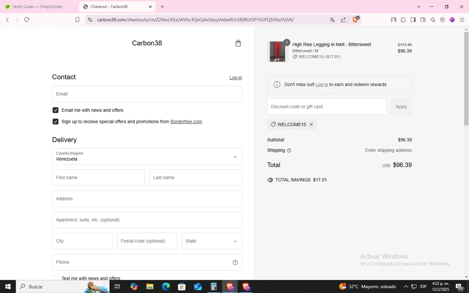 Carbon38 promo code screenshot showing code WELCOME15 applied at Carbon38 checkout page. Uploaded by SimplyCodes community member CodeLynx5272 on Feb 12, 2025