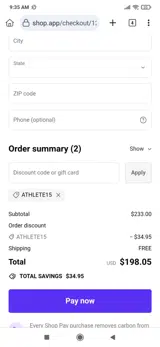 ATHLETE15 coupon verification screenshot