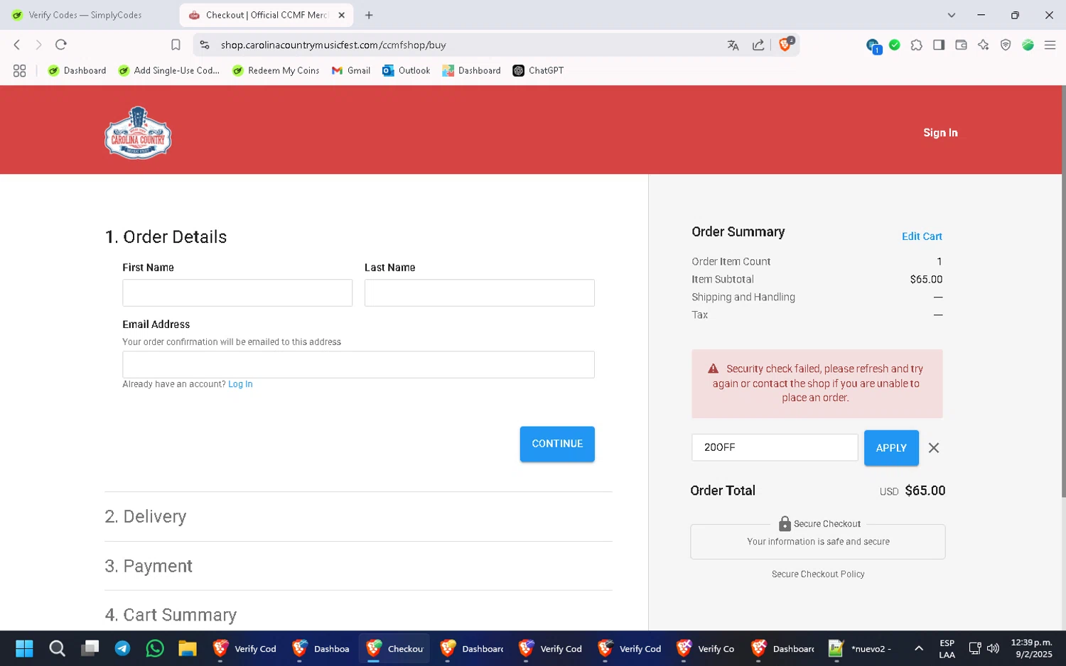 Carolina Country Music Fest promo code screenshot showing code 20OFF applied at Carolina Country Music Fest checkout page. Uploaded by SimplyCodes community member PennyMonarch4540 on Feb 9, 2025
