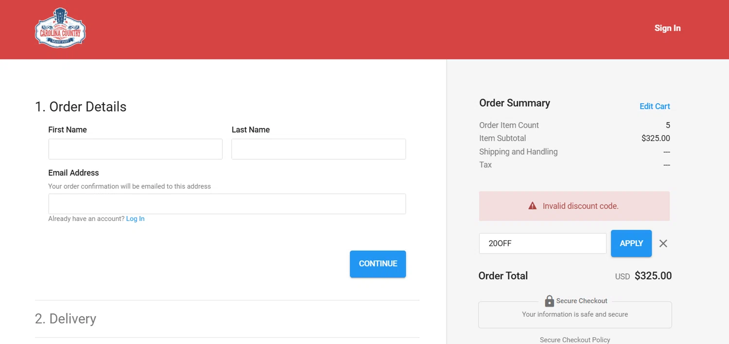 Carolina Country Music Fest promo code screenshot showing code 20OFF applied at Carolina Country Music Fest checkout page. Uploaded by SimplyCodes community member gengarpirone292ca7 on Jan 2, 2025