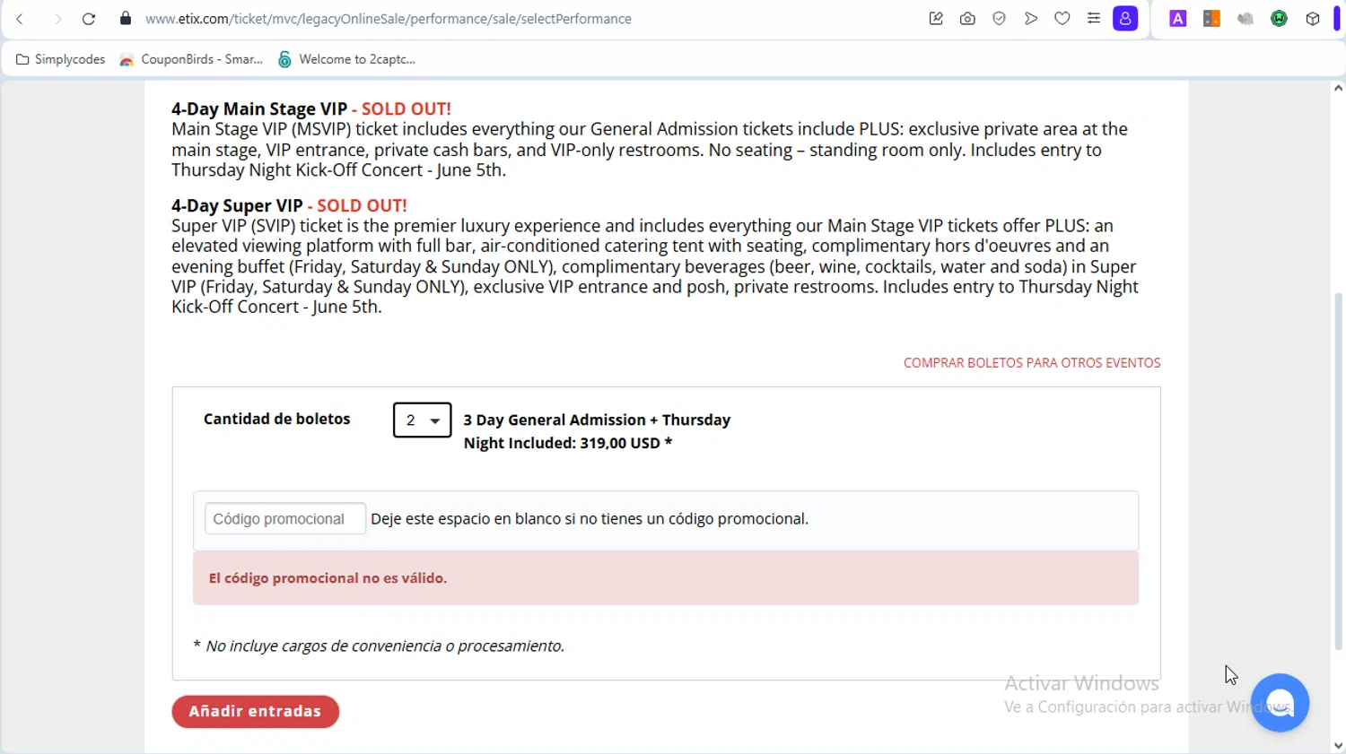 Carolina Country Music Fest promo code screenshot showing code SALE20 applied at Carolina Country Music Fest checkout page. Uploaded by SimplyCodes community member PrincessCoupon on Mar 12, 2025