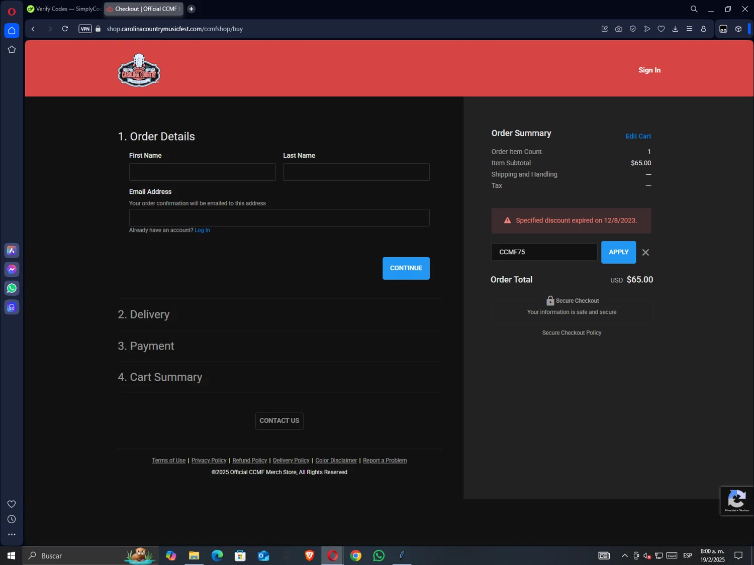 Carolina Country Music Fest promo code screenshot showing code CCMF75 applied at Carolina Country Music Fest checkout page. Uploaded by SimplyCodes community member GrimmKing on Feb 19, 2025