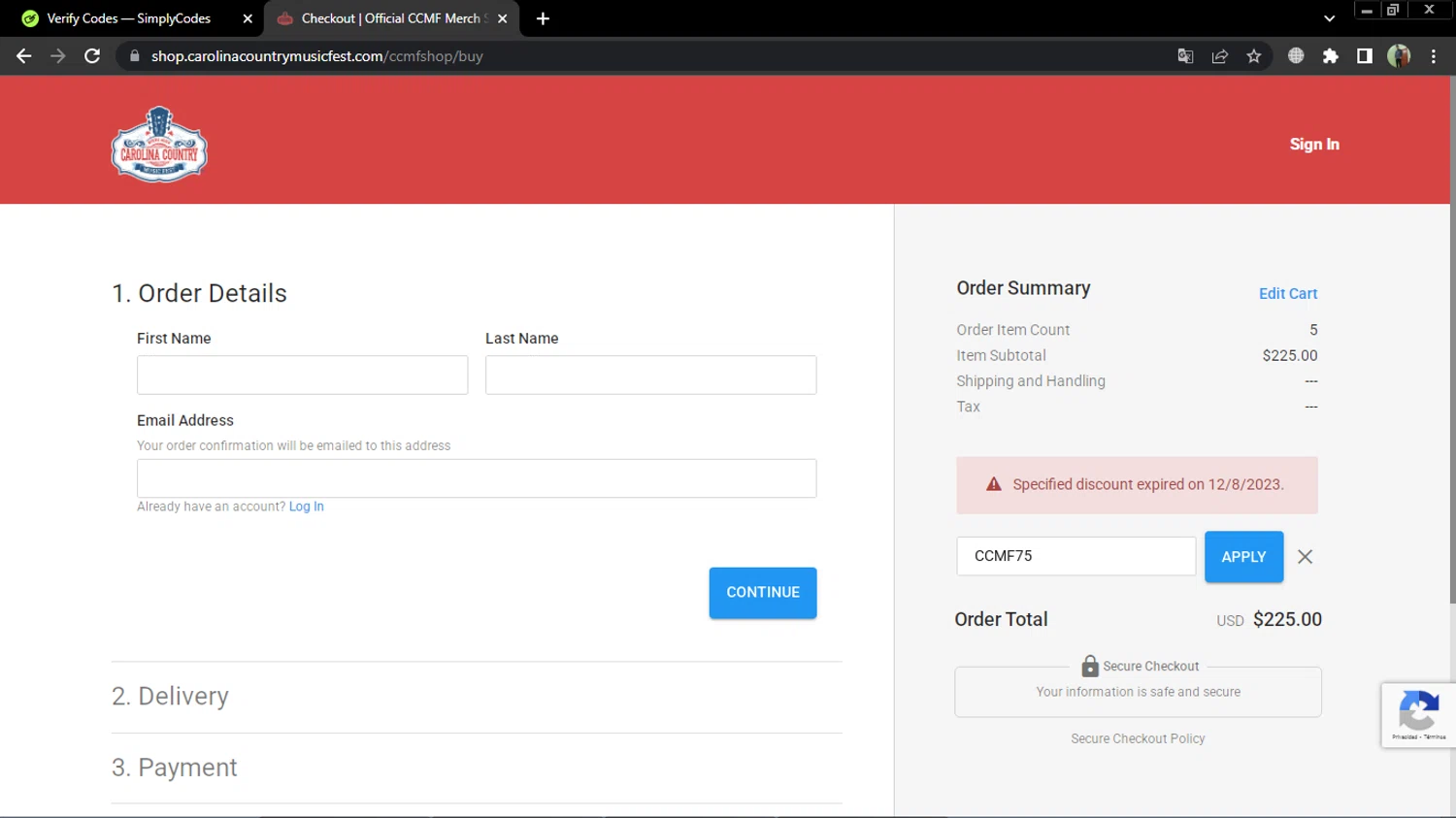 Carolina Country Music Fest promo code screenshot showing code CCMF75 applied at Carolina Country Music Fest checkout page. Uploaded by SimplyCodes community member MoneySentinel7597 on Mar 11, 2025