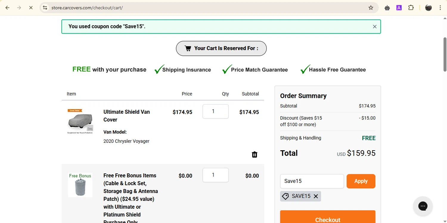 CarCovers.com promo code screenshot showing code Save15 applied at CarCovers.com checkout page. Uploaded by SimplyCodes community member onebullet on Mar 18, 2025
