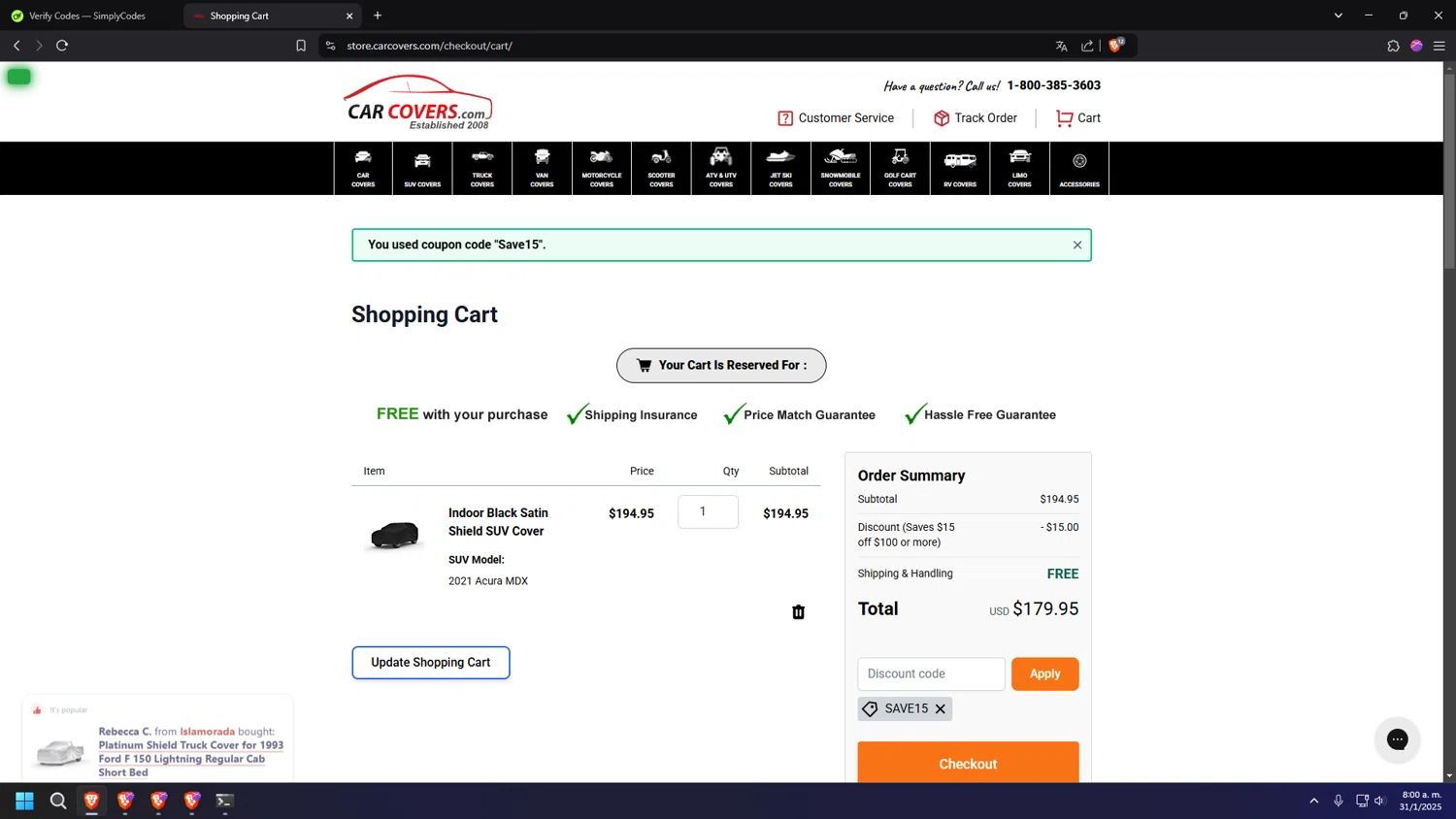 CarCovers.com promo code screenshot showing code Save15 applied at CarCovers.com checkout page. Uploaded by SimplyCodes community member INSECTOS on Jan 31, 2025