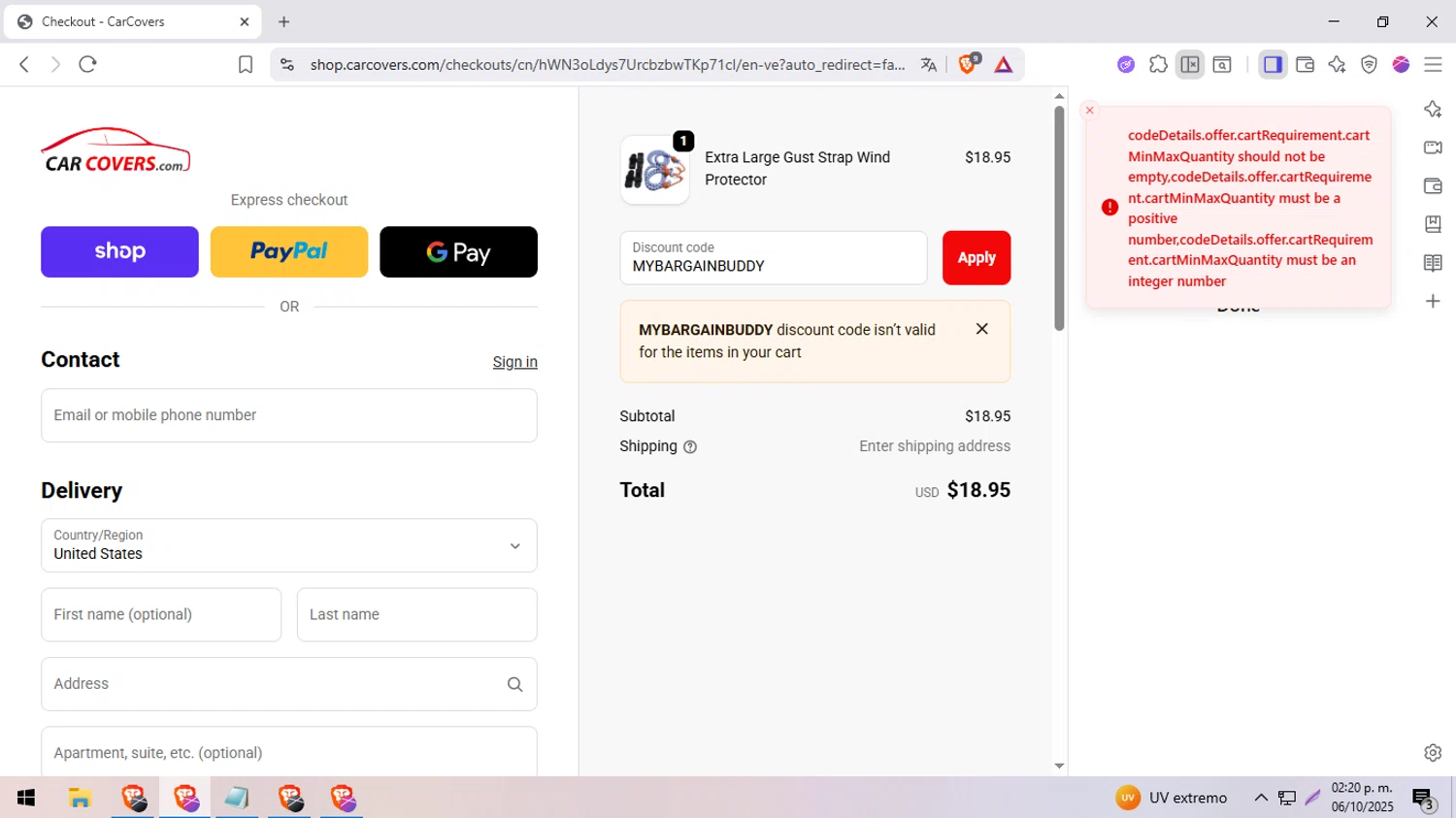 CarCovers.com checkout page showing CarCovers.com promo code box | Screenshot taken by SimplyCodes community member on Oct 6, 2025