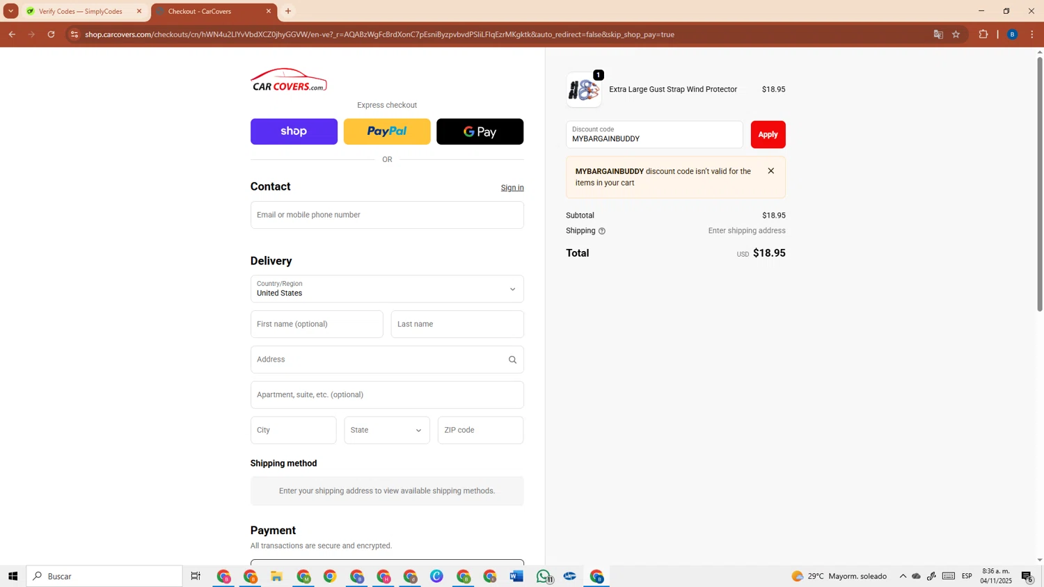 CarCovers.com checkout page showing CarCovers.com promo code box | Screenshot taken by SimplyCodes community member on Nov 4, 2025