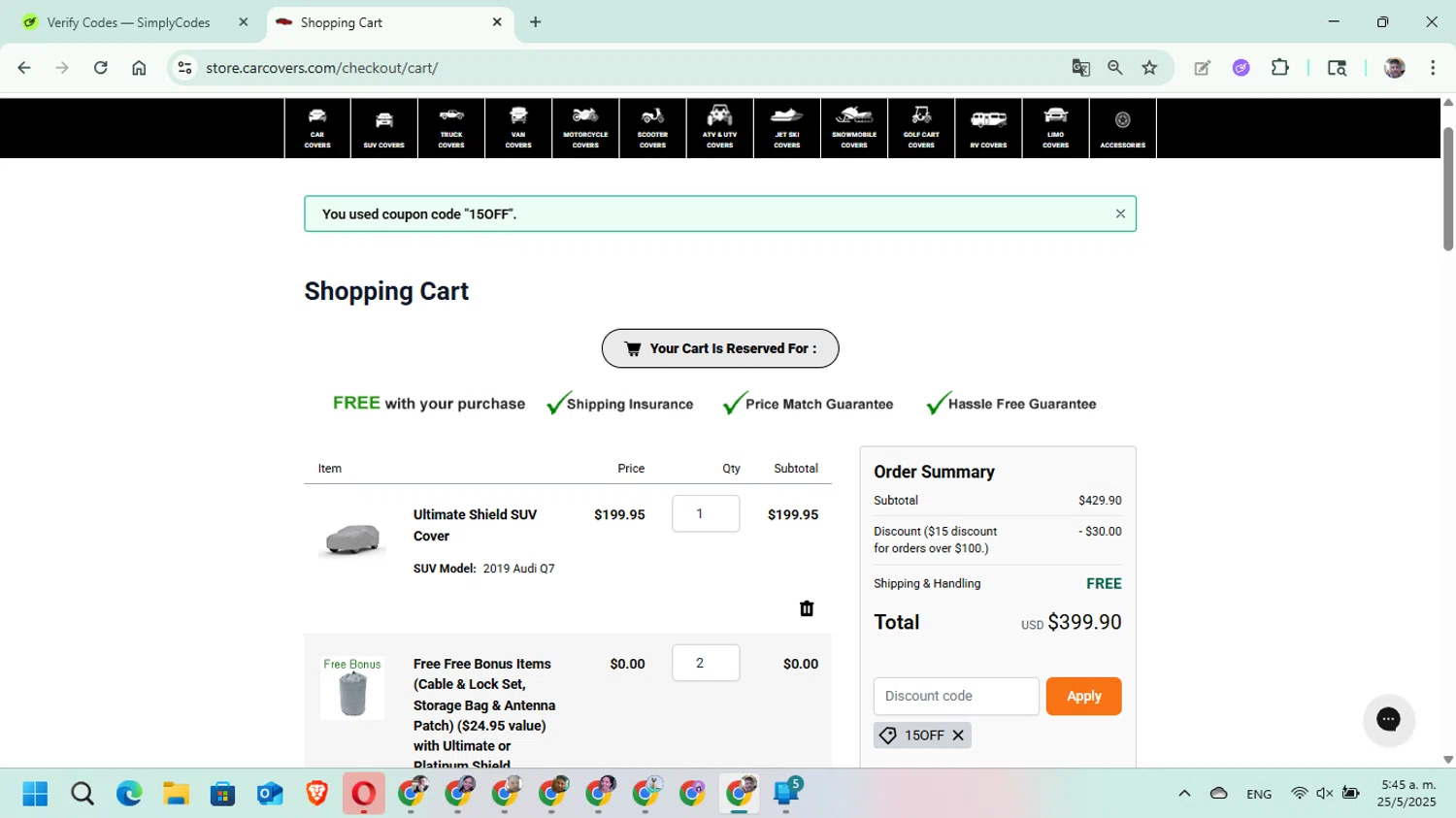 CarCovers.com promo code screenshot showing code 15OFF applied at CarCovers.com checkout page. Uploaded by SimplyCodes community member DavGutFig on May 25, 2025