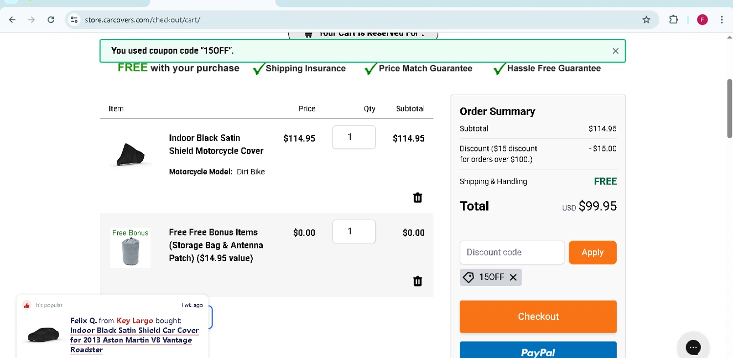 CarCovers.com promo code screenshot showing code 15OFF applied at CarCovers.com checkout page. Uploaded by SimplyCodes community member TokenMonarch796 on Mar 17, 2025
