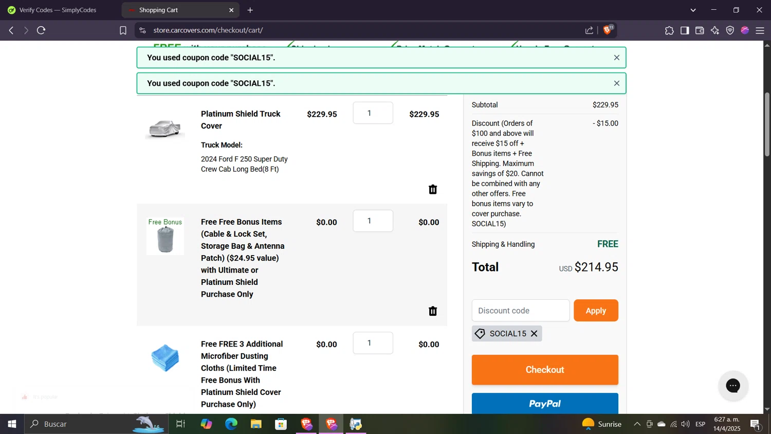 CarCovers.com promo code screenshot showing code SOCIAL15 applied at CarCovers.com checkout page. Uploaded by SimplyCodes community member Despechao on Apr 14, 2025