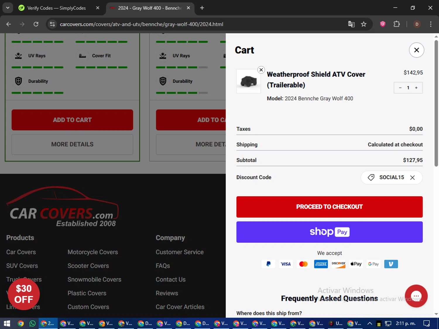 CarCovers.com promo code screenshot showing code SOCIAL15 applied at CarCovers.com checkout page. Uploaded by SimplyCodes community member liltecca on Oct 6, 2025
