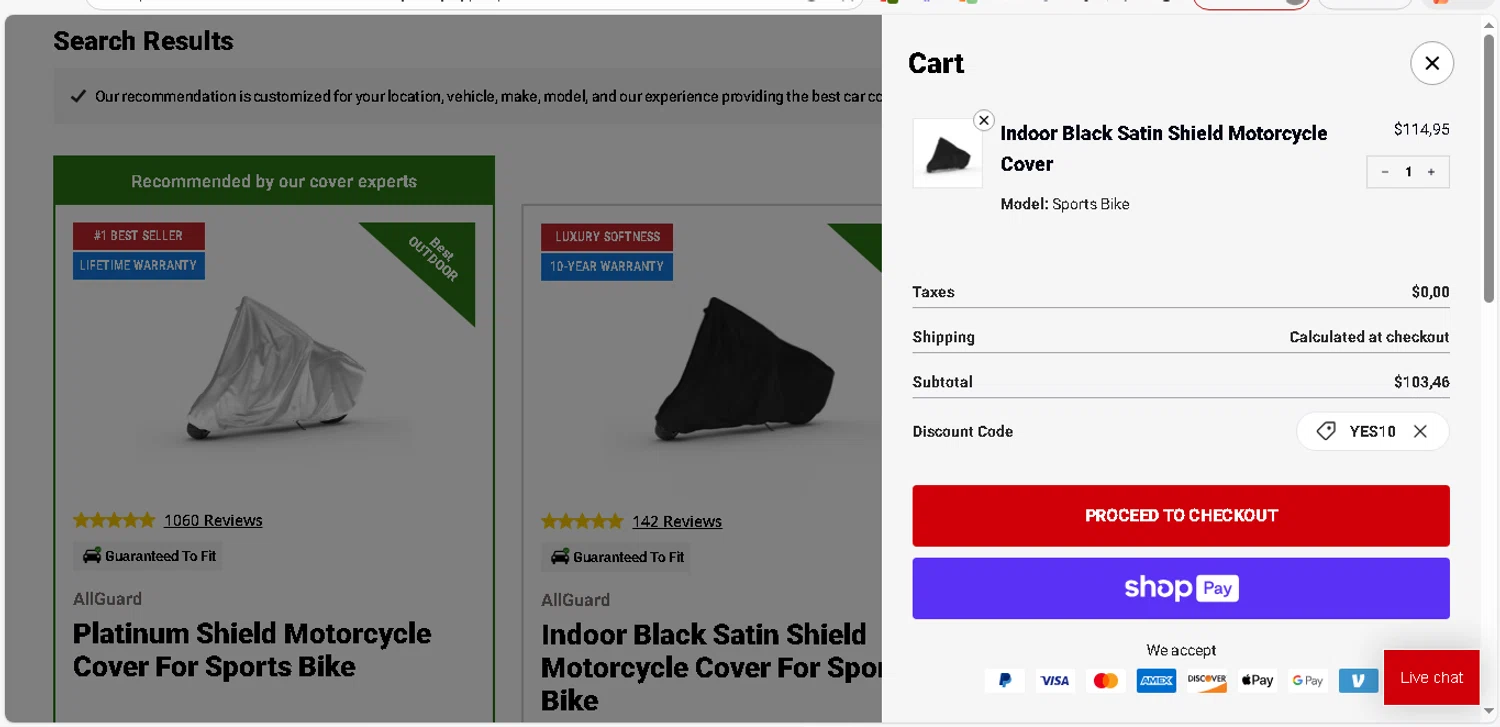 CarCovers.com promo code screenshot showing code YES10 applied at CarCovers.com checkout page. Uploaded by SimplyCodes community member shark12 on Dec 27, 2025