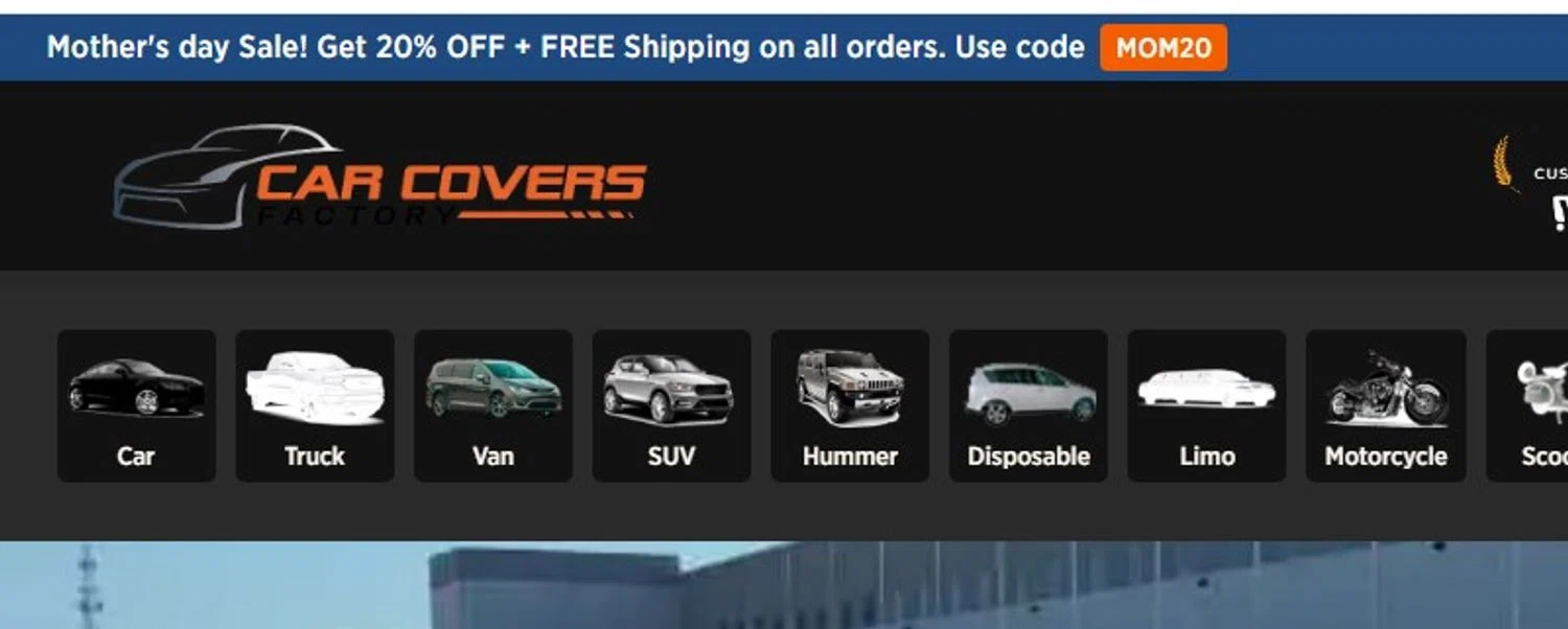 Car Covers Factory promo code screenshot showing code MOM20 applied at Car Covers Factory checkout page. Uploaded by SimplyCodes community member josemiguelaponte on May 10, 2026