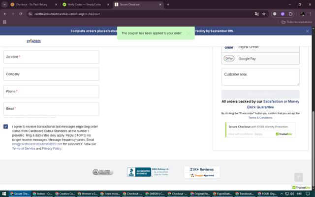 Cardboard Cutout Standees checkout page showing Cardboard Cutout Standees promo code box | Screenshot taken by SimplyCodes community member on Sep 5, 2025