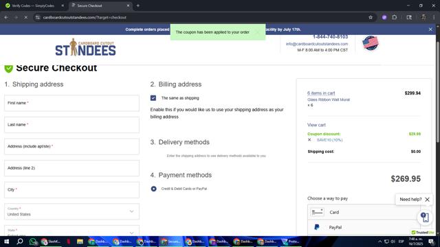 Cardboard Cutout Standees checkout page showing Cardboard Cutout Standees promo code box | Screenshot taken by SimplyCodes community member on Jul 16, 2025