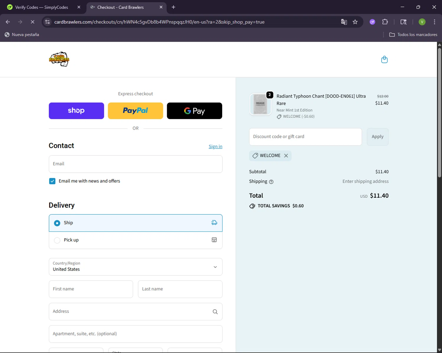 Card Brawlers discount code screenshot showing code WELCOME applied at Card Brawlers checkout page. Uploaded by SimplyCodes community member CleverNavigator1236 on Oct 27, 2025