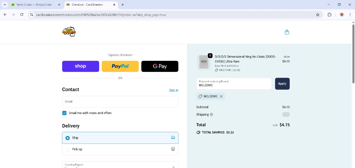 Card Brawlers discount code screenshot showing code WELCOME applied at Card Brawlers checkout page. Uploaded by SimplyCodes community member Estefani4 on Sep 29, 2025