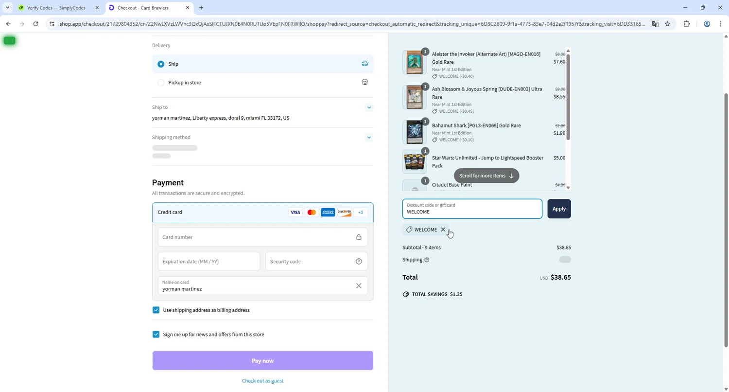 Card Brawlers discount code screenshot showing code WELCOME applied at Card Brawlers checkout page. Uploaded by SimplyCodes community member HUMANIZER on Mar 27, 2025